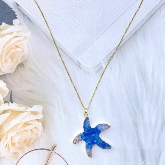 “Blue Druzy Starfish” Gold Dipped Geode Ocean Sea Marine Tropical Steel Necklace - Picture 6 of 16